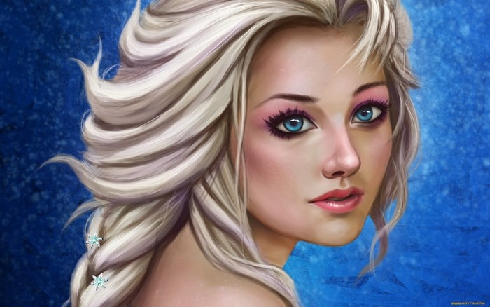 Artwork of a woman with blonde hair and blue eyes