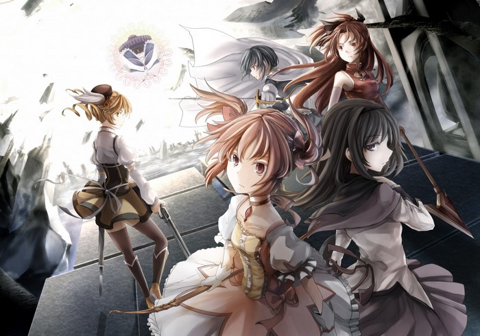 Mahou Shoujo Madoka Magica characters in a dramatic scene
