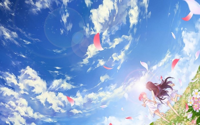 Anime girls in white dresses with falling petals in the sky