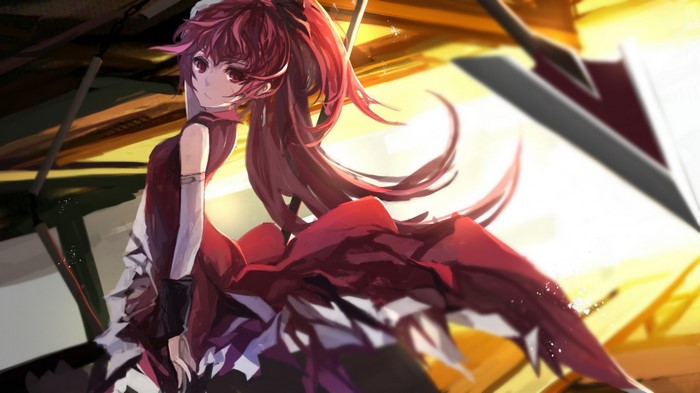 Anime girl with red hair and a large weapon