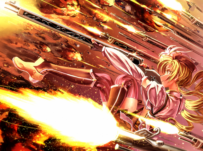 Anime girl firing multiple rifles in a battle