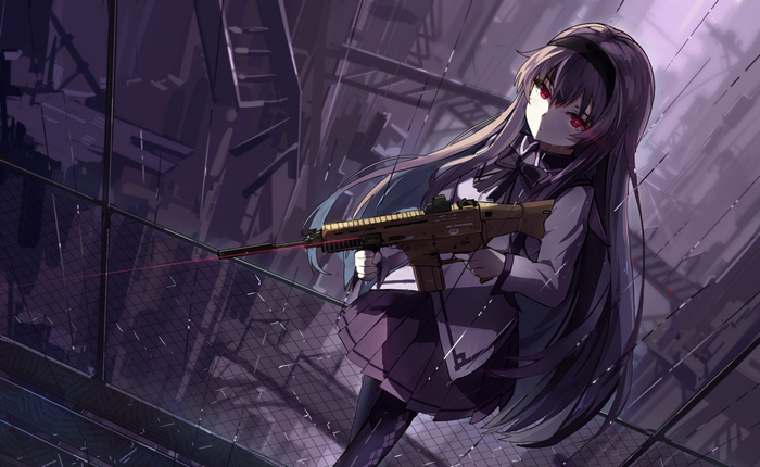 Anime girl with rifle in dark industrial setting