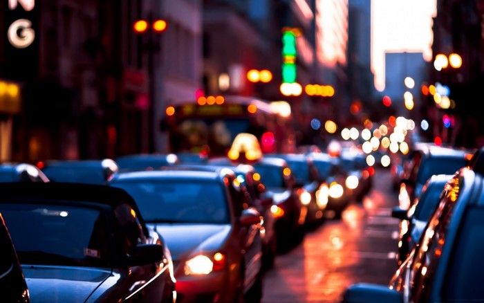 Traffic jam at night with bokeh lights