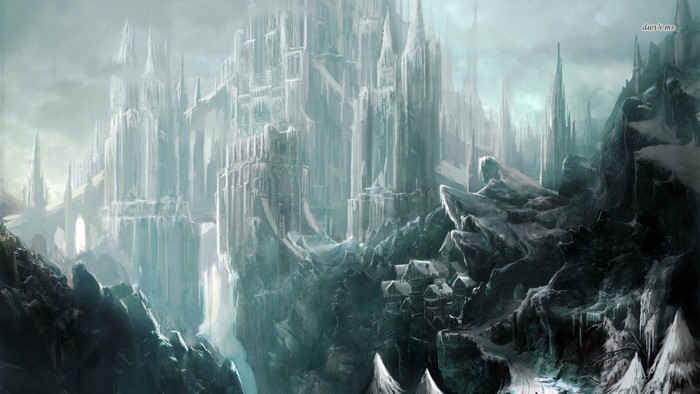 Fantasy ice castle on a rocky mountain landscape