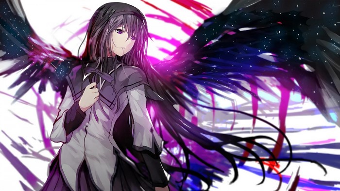 Homura Akemi from Mahou Shoujo Madoka Magica with dark wings
