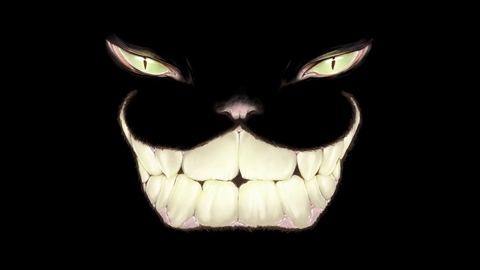 Cheshire Cat illustration with glowing eyes and wide smile