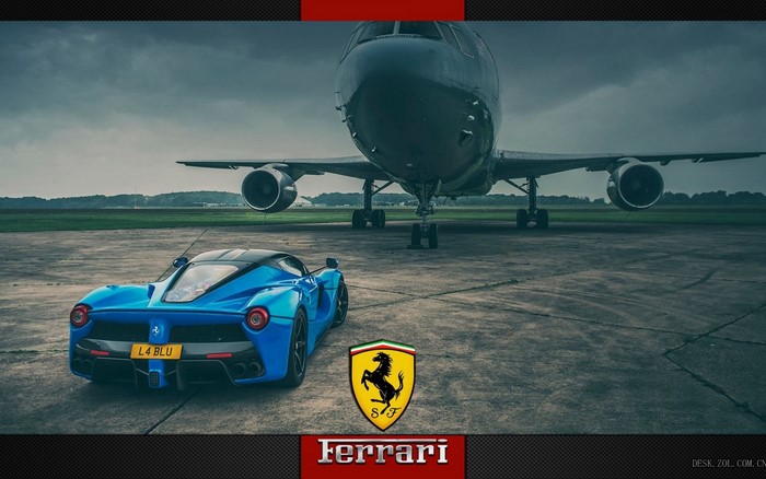 Blue Ferrari LaFerrari and Airplane on Tarmac
