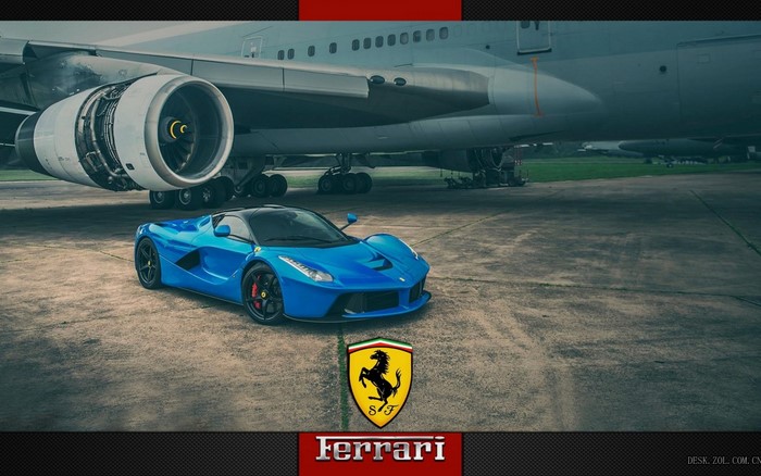 Blue Ferrari LaFerrari parked next to airplane engine