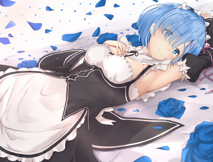 Rem from Re: Zero Kara Hajimeru Isekai Seikatsu lying down with blue roses
