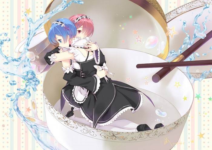 Rem and Ram from Re:Zero hugging in a teacup