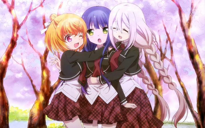Three anime girls hugging in front of cherry blossoms