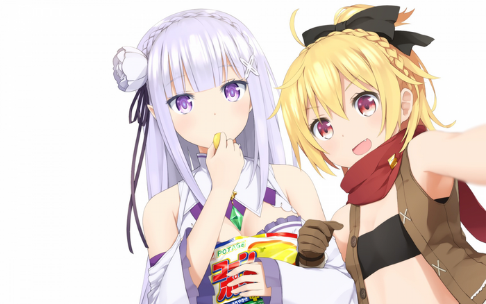 Emilia and Beatrice from Re:Zero eating potato chips