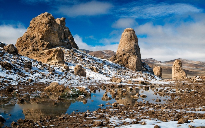 Rocky desert landscape with snow and water