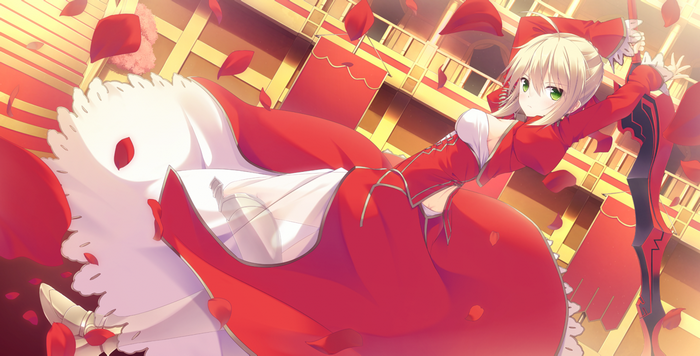 Saber from Fate Series with red dress and sword