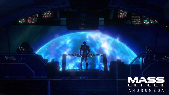 Mass Effect Andromeda screenshot with a character in a spaceship