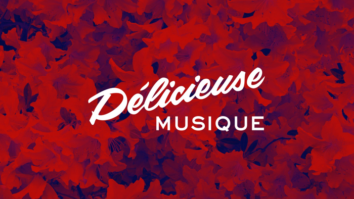 Délicieuse Musique text on red floral background