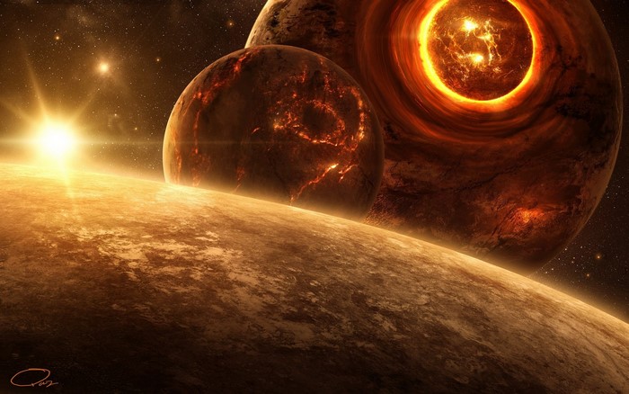 Fiery Planets and Radiant Star in Outer Space