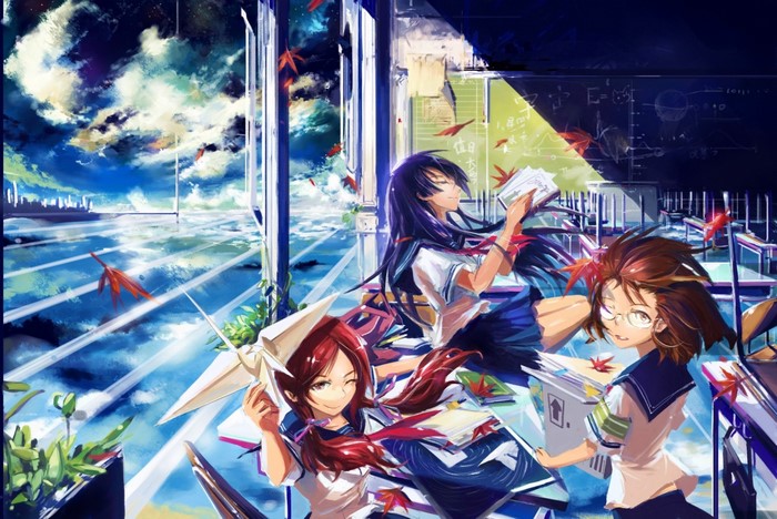 Anime girls in school uniforms reading books