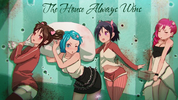 Anime girls in a pillow fight with text "The House Always Wins"