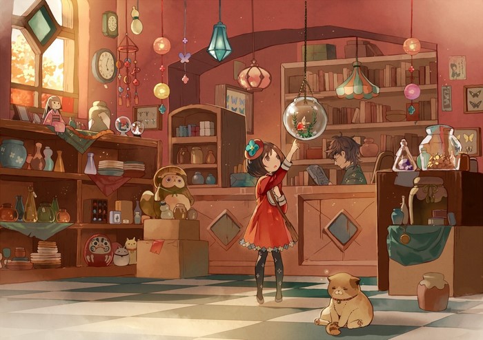 Anime girl in a shop with a cat and a tanuki statue