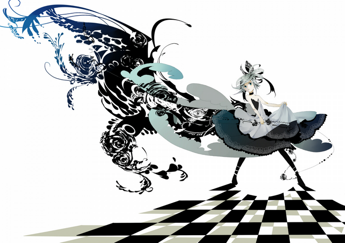 Anime girl with large black wing-like design on chessboard