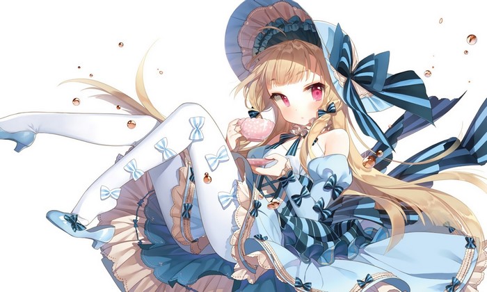Anime girl in blue dress holding a teacup