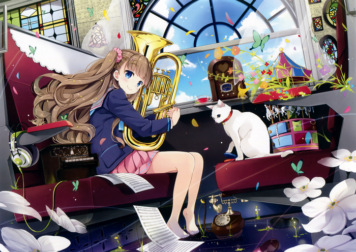 Anime girl playing tuba with cat and carousel