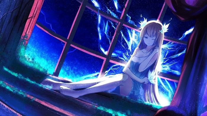 Anime girl sitting by a broken window at night