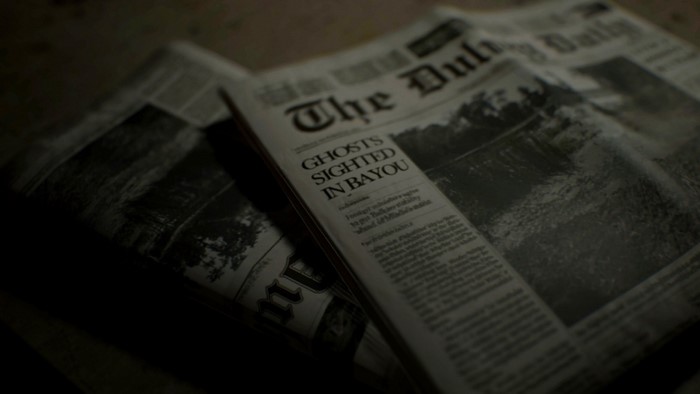 Newspaper with headline GHOSTS SIGHTED IN BAYOU