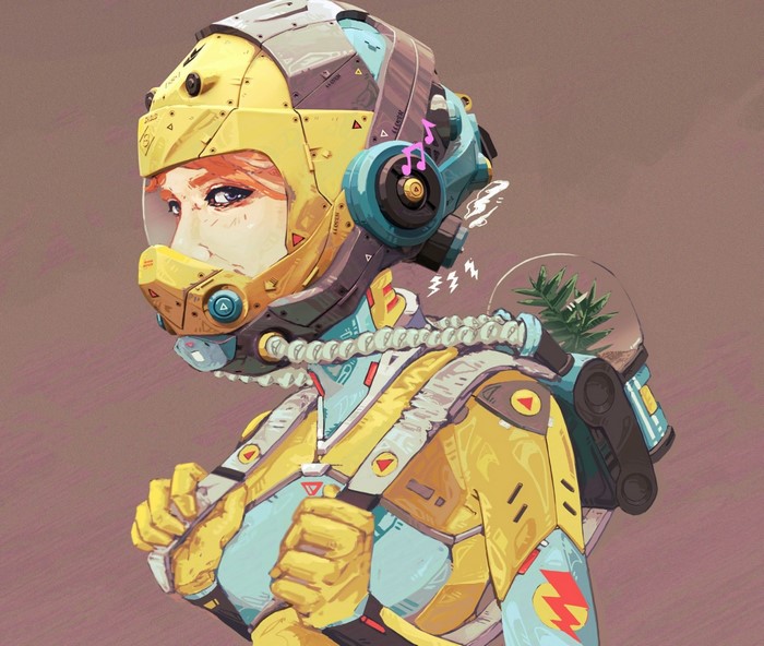 Woman in futuristic yellow and blue suit with helmet