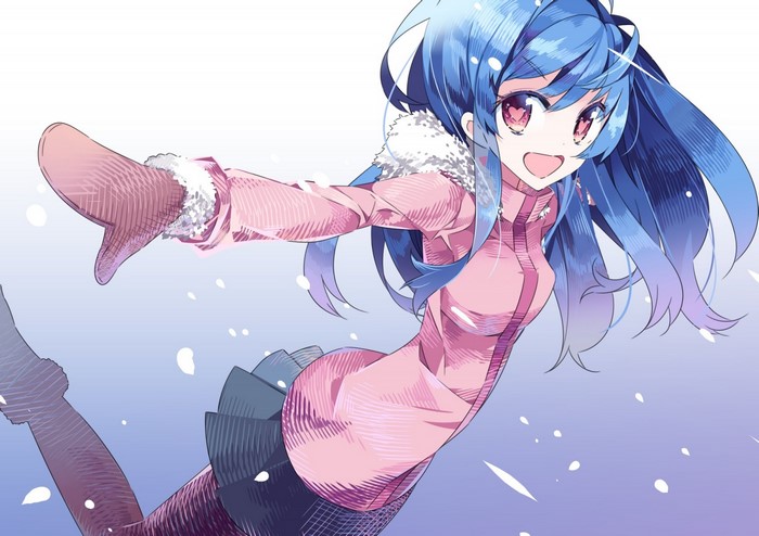 Anime girl with blue hair in winter clothes