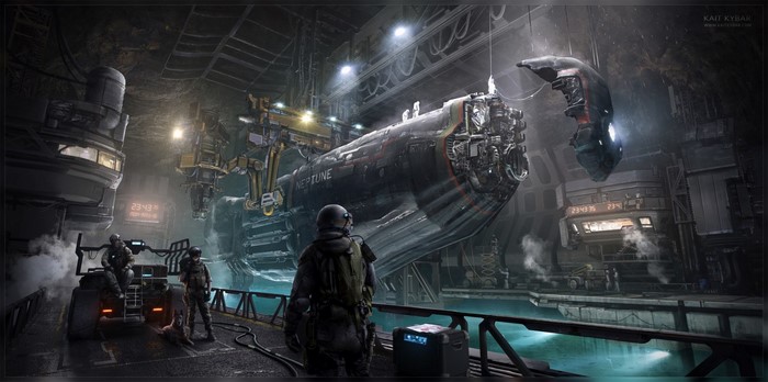 Spaceship hangar with workers and a vehicle