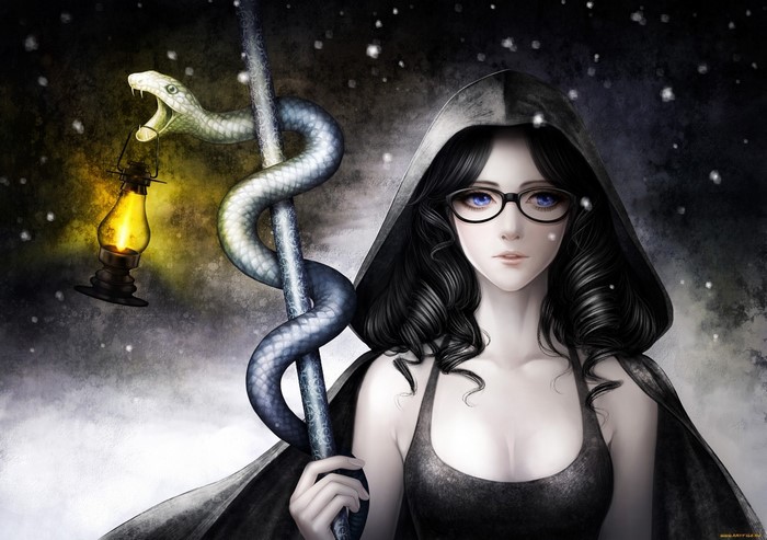 Fantasy girl with glasses and snake staff