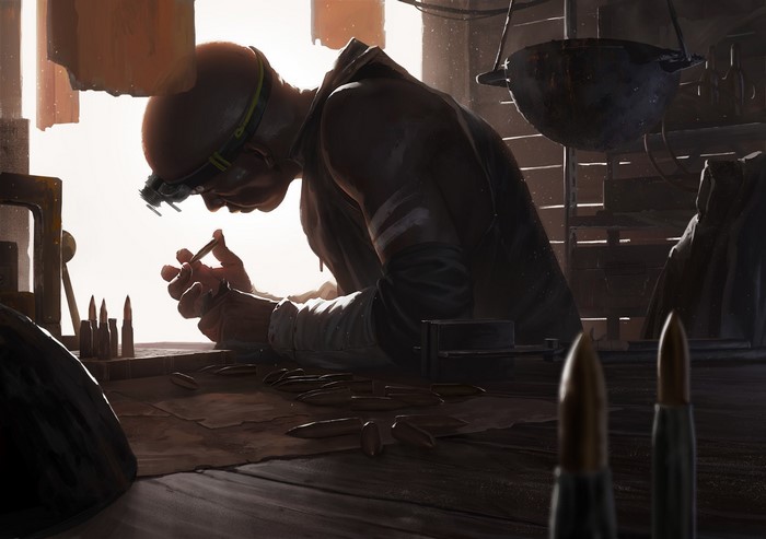 Man assembling bullets with a headlamp