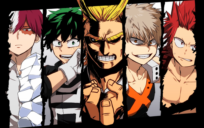 My Hero Academia characters: Todoroki, Deku, All Might, Bakugo, Kirishima