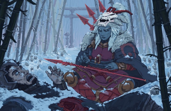 Blue-skinned warrior with mask and spear over defeated man in snow
