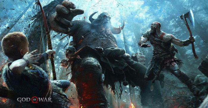 Kratos and Atreus fighting a giant in God of War