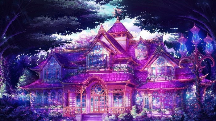 A magical purple house at night