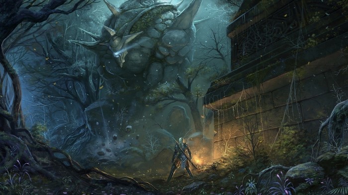 Warrior Facing Giant Stone Creature in Enchanted Forest