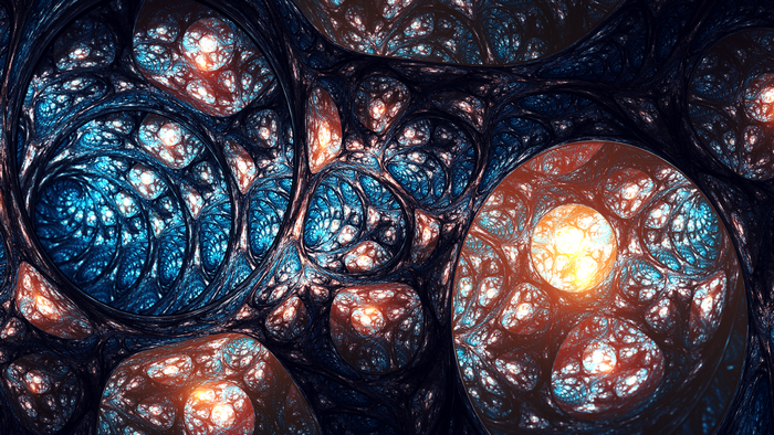 Abstract fractal art with blue and orange glowing orbs