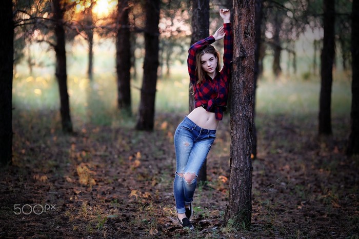 Sunlight Forest Leaves Women Outdoors Women 500px Portrait Photography Arms Up Jeans