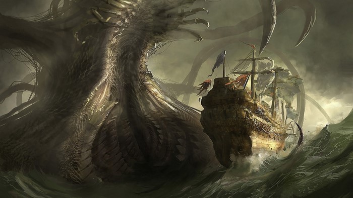 Giant Kraken attacking a ghost ship in stormy seas