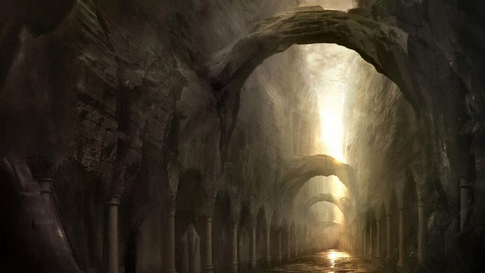 Fantasy cave with arches and sunlight
