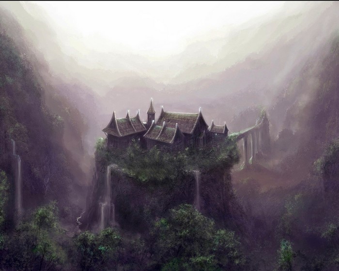 Fantasy castle on a cliff with waterfalls in a misty mountain range