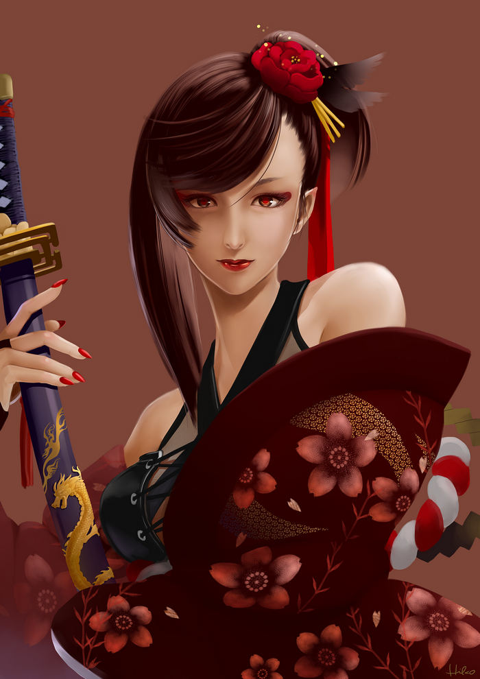 Woman in kimono holding a katana