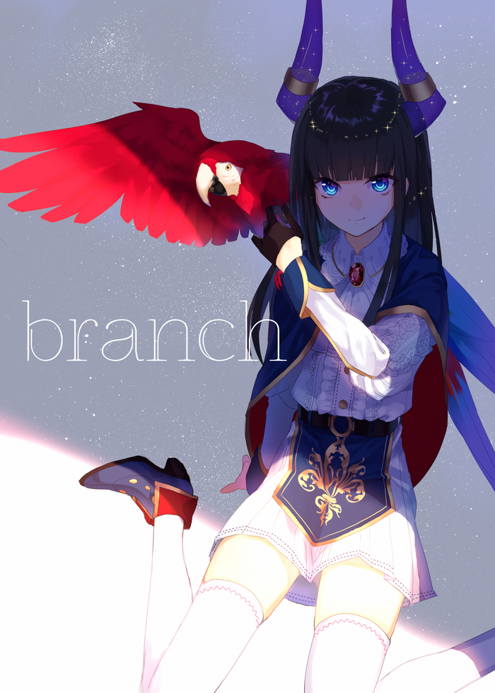Anime girl with demon horns and a parrot