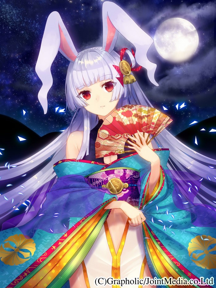 Anime girl with bunny ears and kimono holding a fan