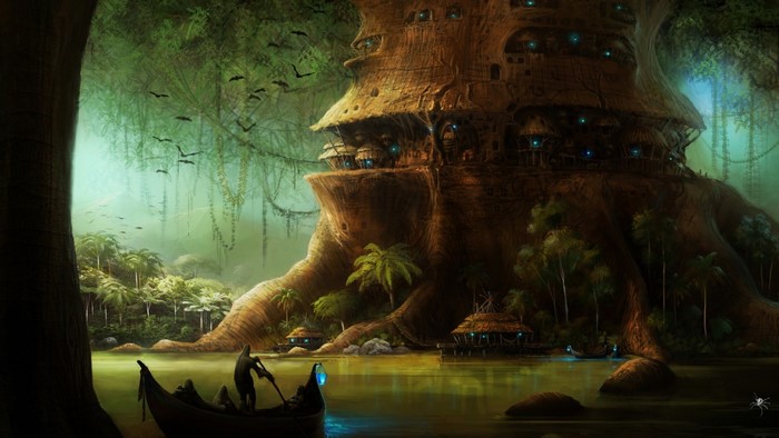 Mystical Treehouse Village on a River at Night