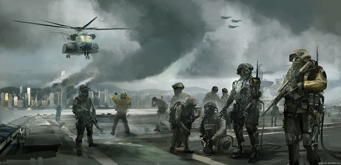 Soldiers on an aircraft carrier with a helicopter and city in background