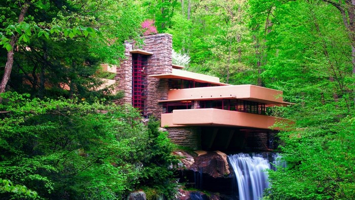 Fallingwater house by Frank Lloyd Wright over waterfall